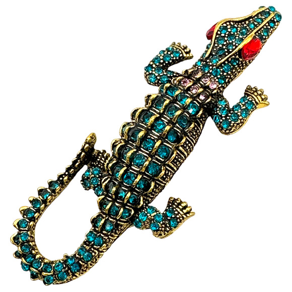 Crocodile Reptile Pin Brooch Pendant, Gold-tone, Rhinestone Crystals, Gift Bag - Picture 3 of 7